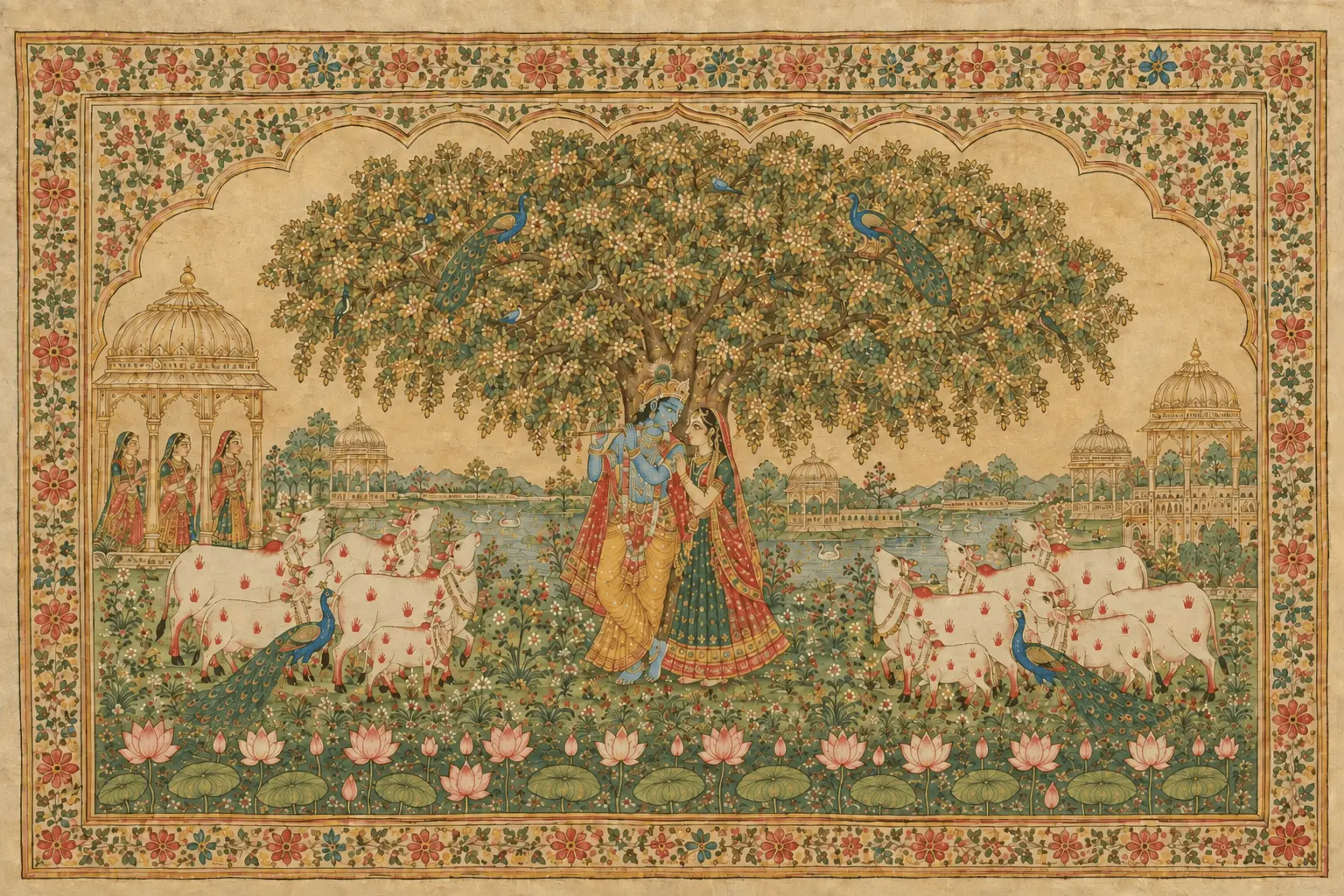 Radha Krishna in Vrindavan Garden – Handmade Pichwai Painting